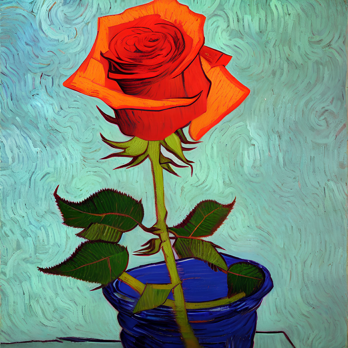 Vibrant painting of red rose in blue pot, Van Gogh-inspired swirls