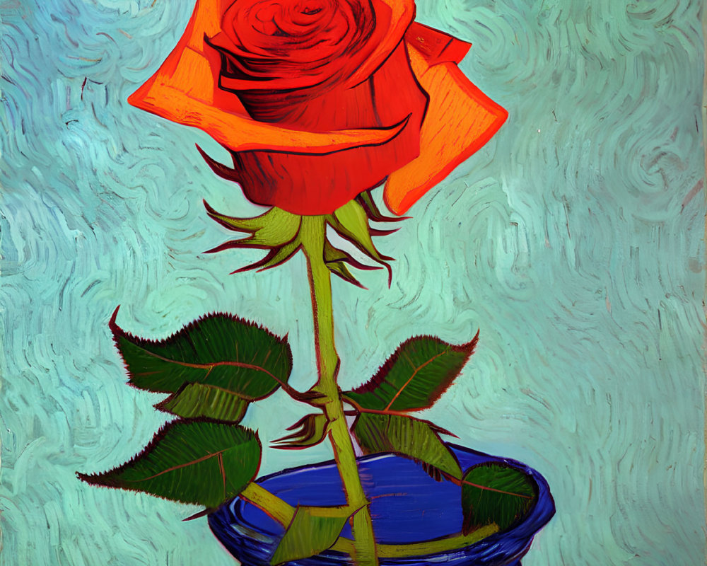 Vibrant painting of red rose in blue pot, Van Gogh-inspired swirls