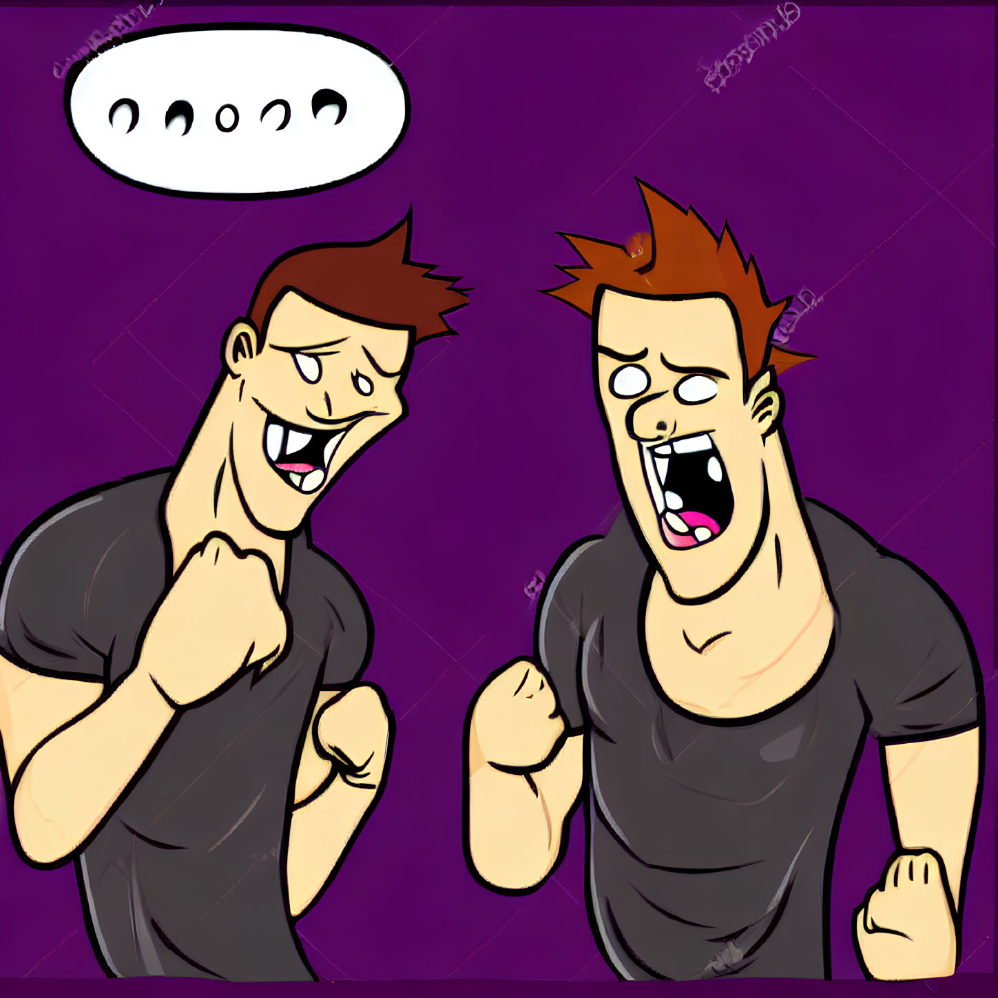 Animated characters laughing on purple background with speech bubble and gestures