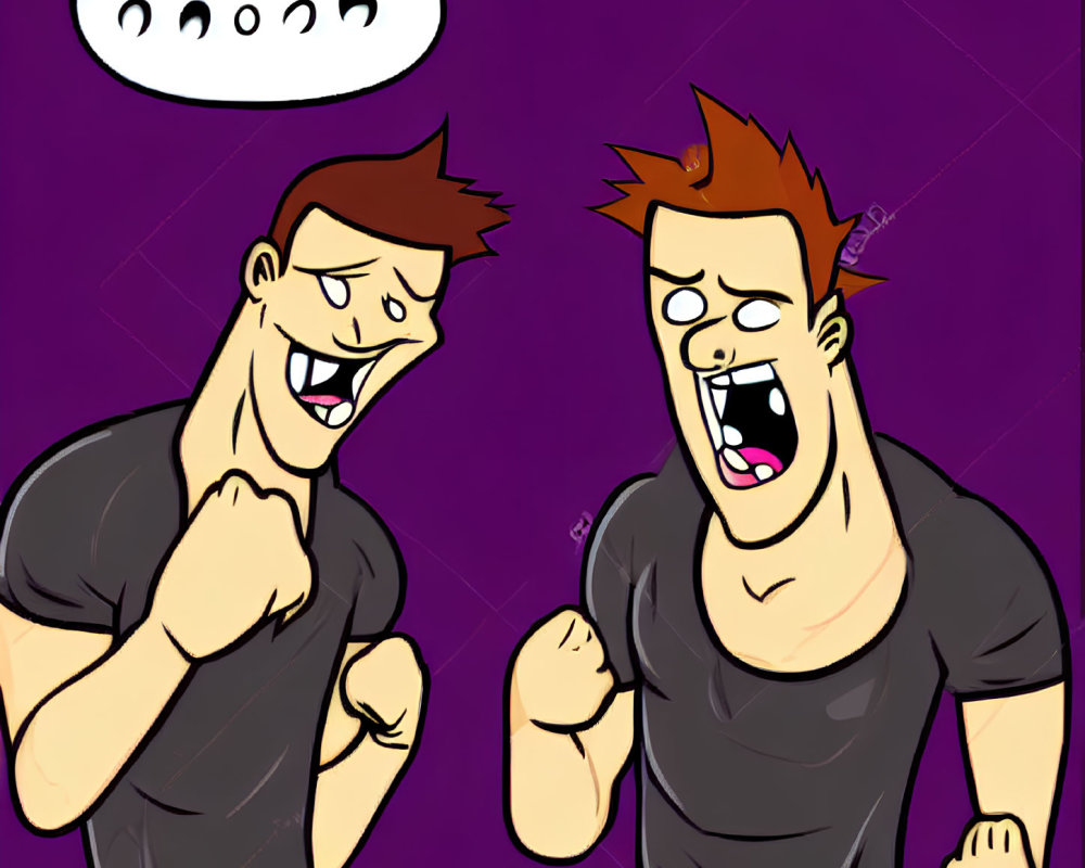 Animated characters laughing on purple background with speech bubble and gestures