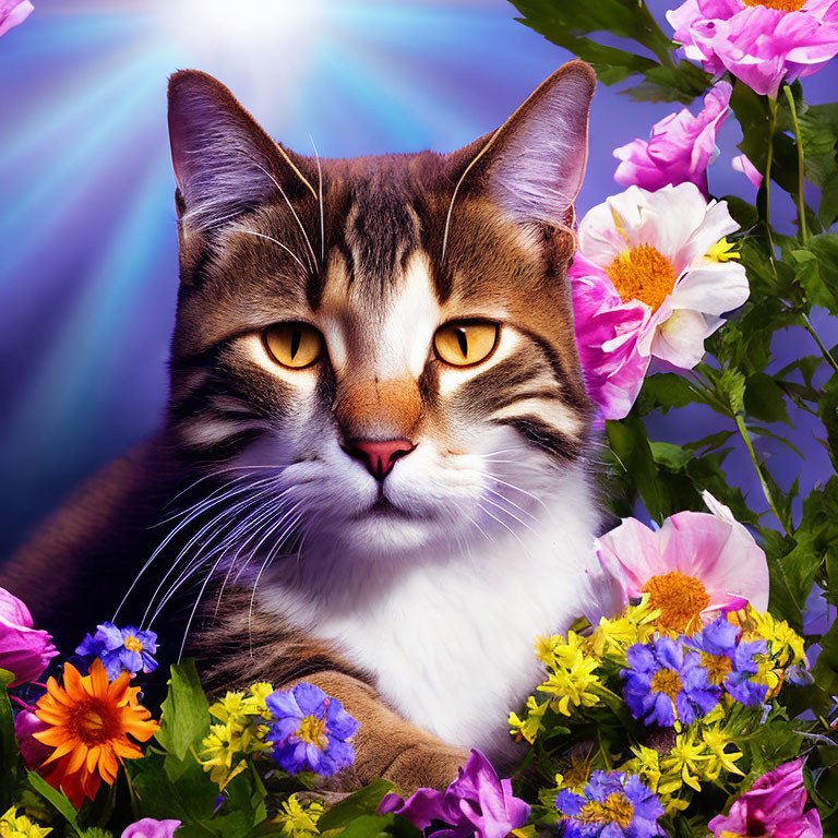 Tabby Cat with Amber Eyes Surrounded by Colorful Flowers