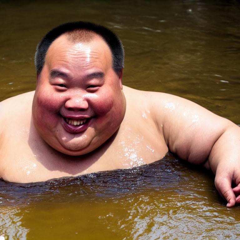 Person with Short Hair Smiling in Murky Water