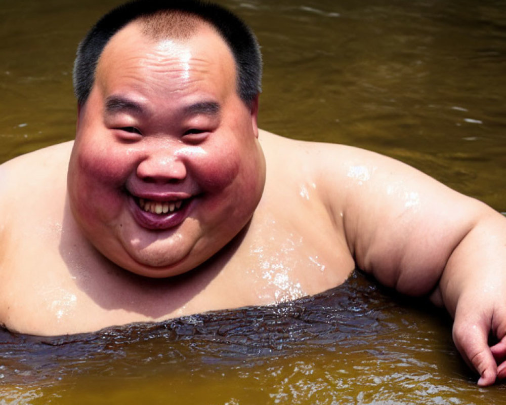 Person with Short Hair Smiling in Murky Water