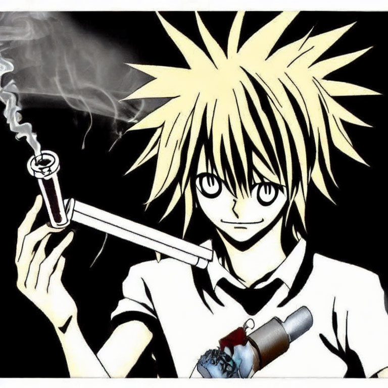 Anime-style illustration: Spiky blond hair character with cigarette and lighter, dark background