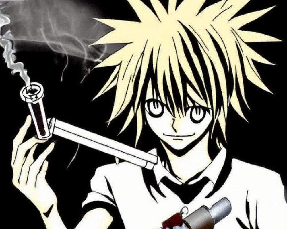 Anime-style illustration: Spiky blond hair character with cigarette and lighter, dark background