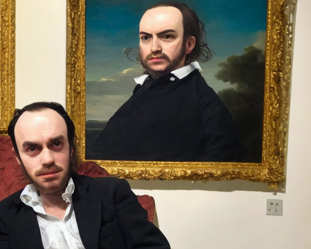 Man posing with exaggerated forehead in portrait beside him on cream wall.