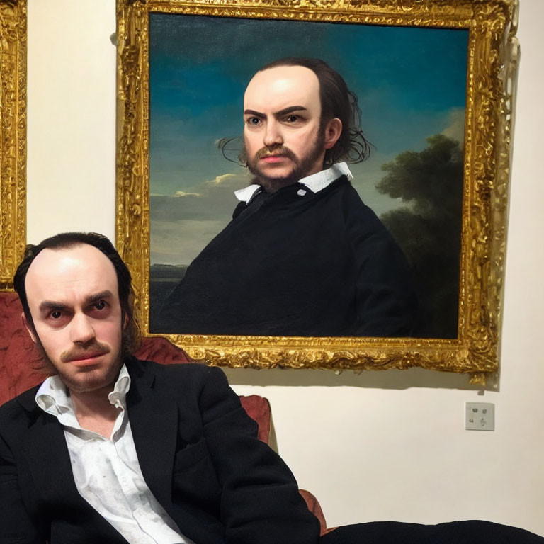 Man posing with exaggerated forehead in portrait beside him on cream wall.