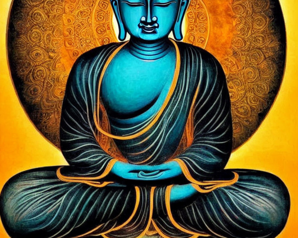 Vibrant Buddha painting in meditation with blue and gold hues