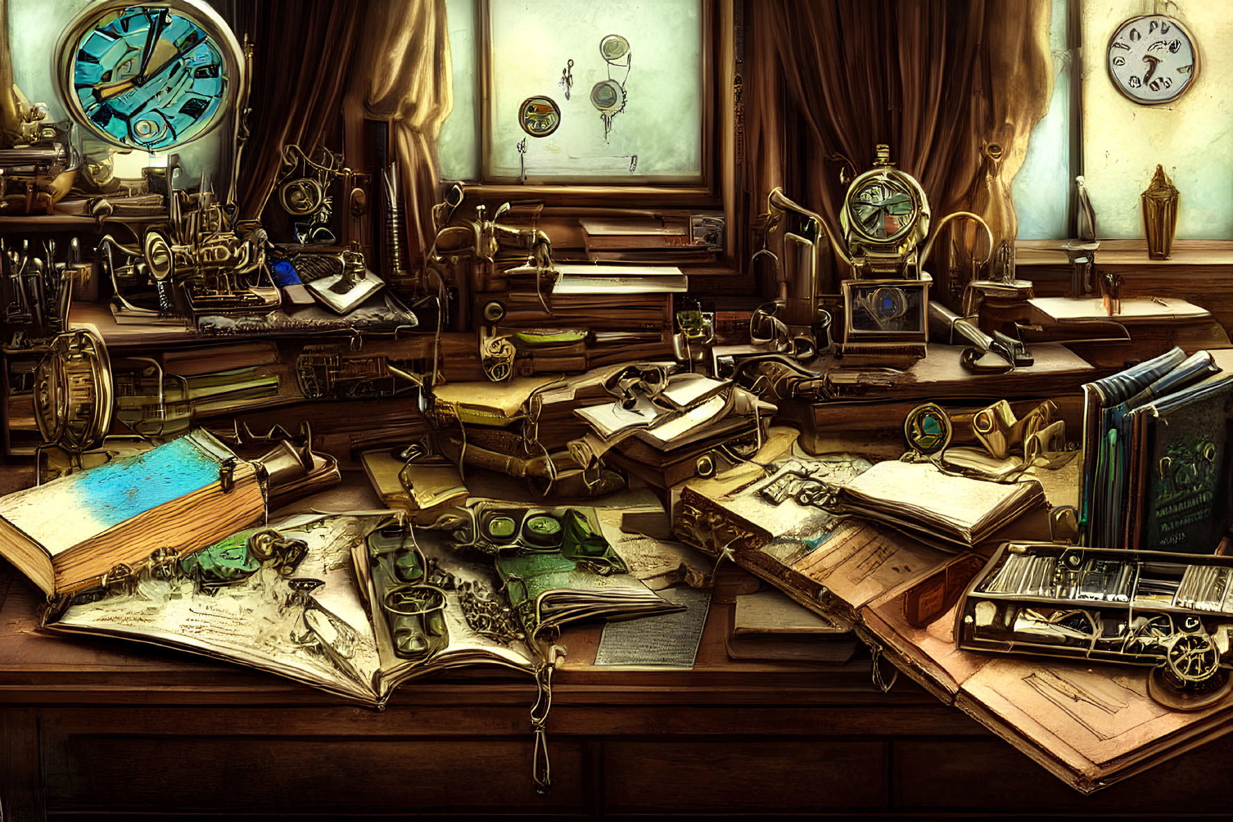 Vintage Steampunk Workspace with Books, Clock, Gears & Scientific Instruments