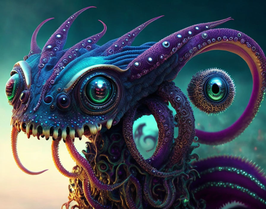 Colorful digital artwork of a mythical octopus creature with multiple eyes and tentacles