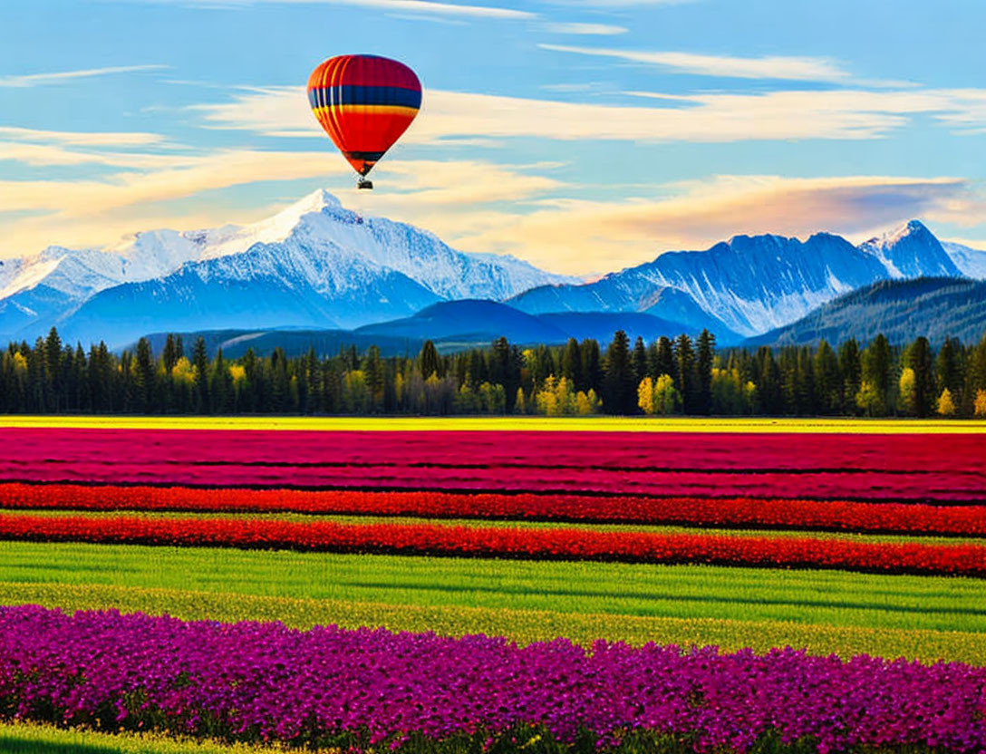 Colorful hot air balloon over vibrant flower fields and snow-capped mountains