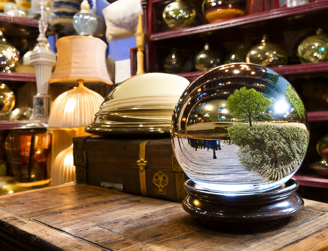 Crystal ball reflects vibrant tree on wooden surface with vintage objects in background