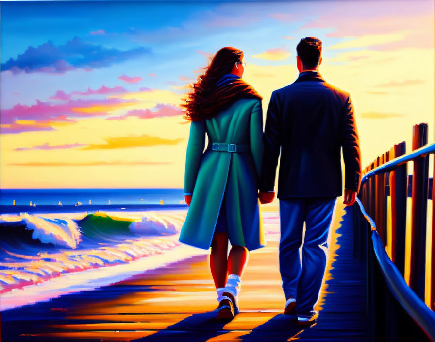 Romantic sunset pier walk with vibrant colors and serene atmosphere