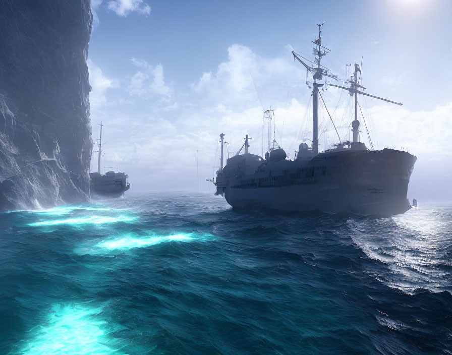 Glowing blue waters with ships near cliff under hazy sky