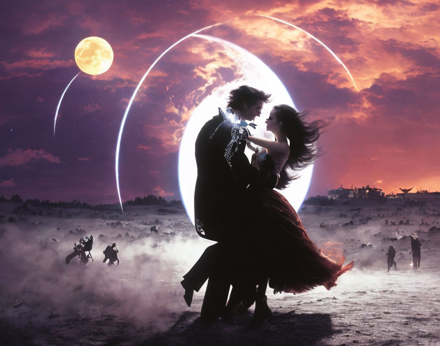 Period-Clothed Couple Dancing in Surreal Landscape with Two Moons