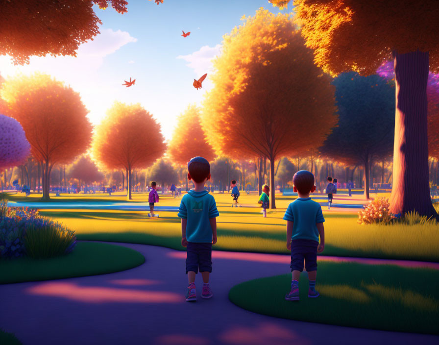 Children standing in vibrant park at sunset with trees, people, and birds.