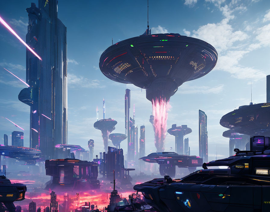 Futuristic cityscape with skyscrapers and flying vehicles