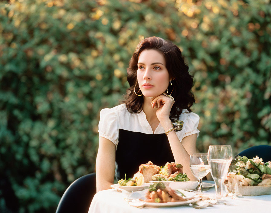 Woman in Black Apron Contemplates Food and Wine at Table