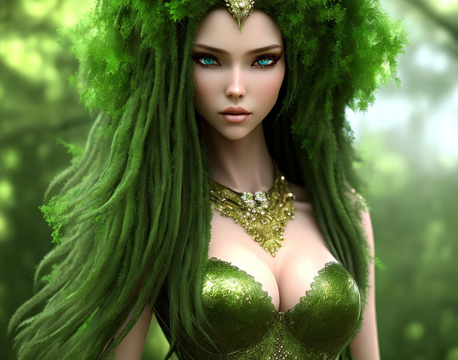 Fantasy digital artwork of female figure with green hair and dress