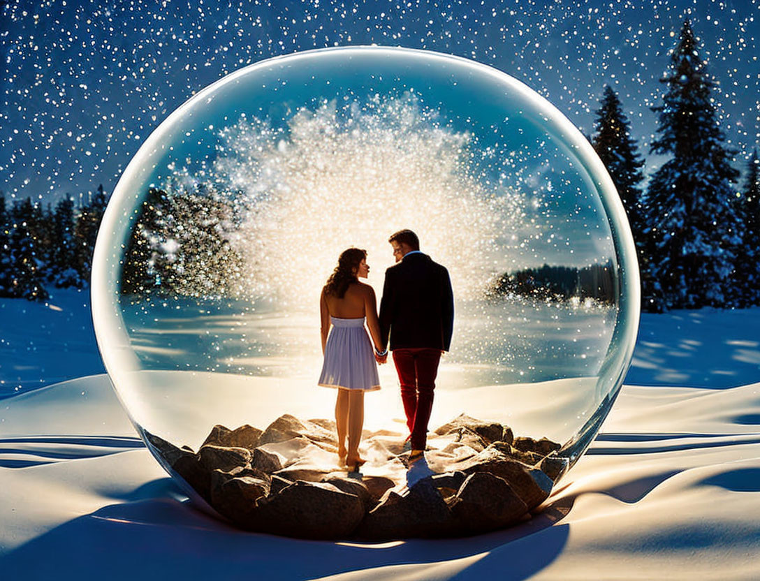 Couple in transparent bubble in snowy landscape with twilight sky