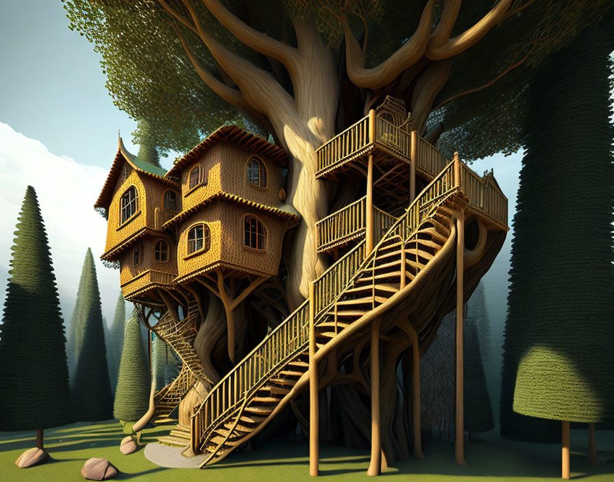 Wooden Treehouse with Spiral Staircases in Serene Forest