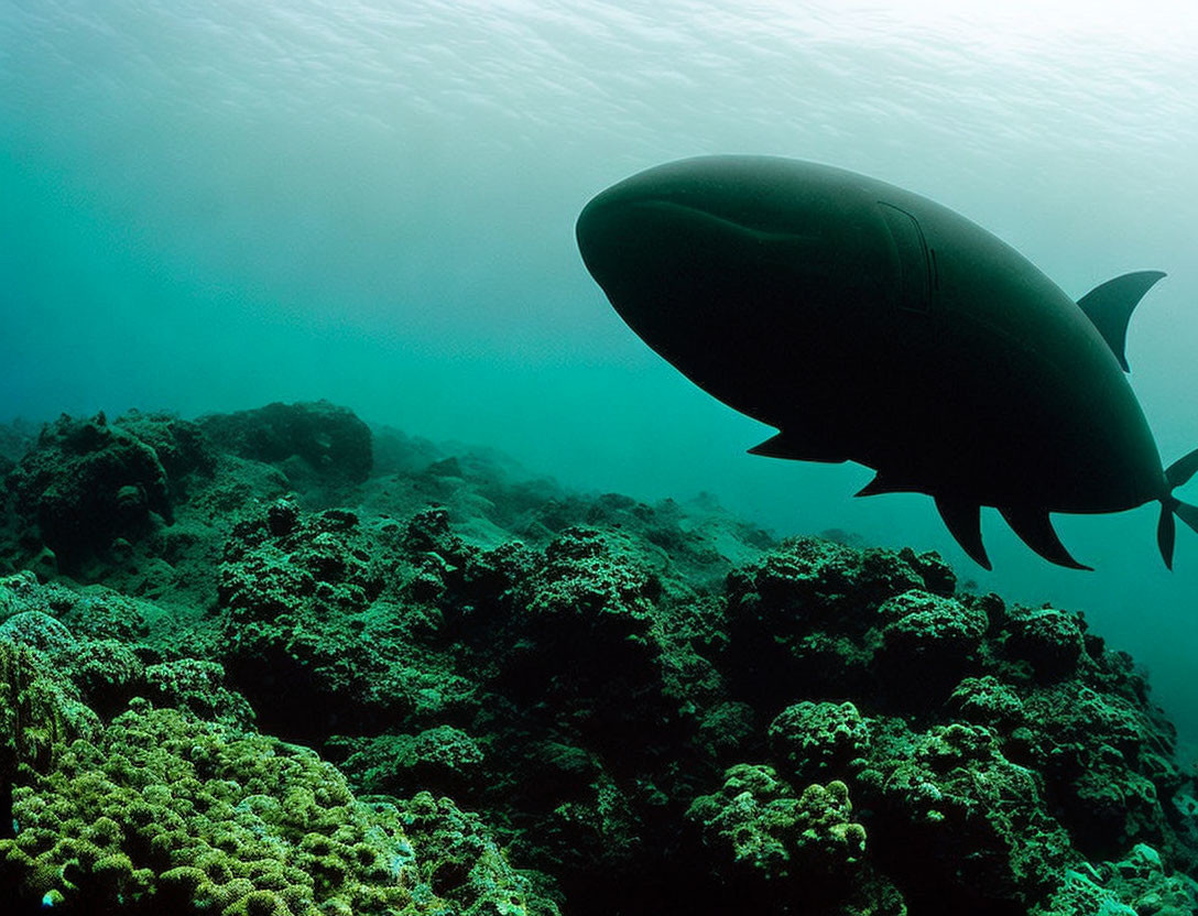 Large shark silhouette swimming over vibrant coral reef in blue ocean.