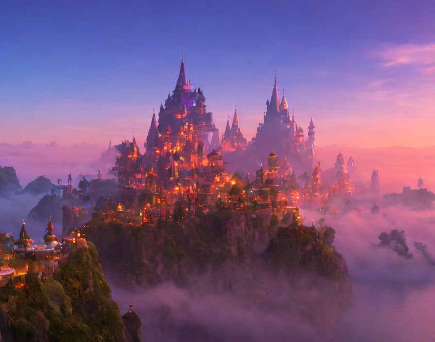 Mystical castle town with purple hues, spires, warm lights, and floating clouds at twilight