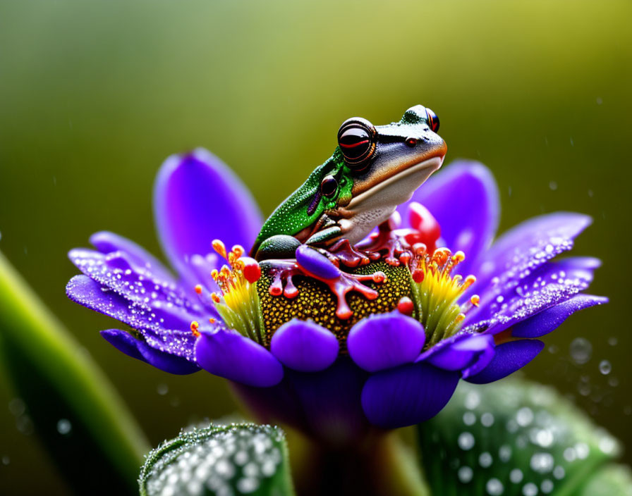 Vibrant green frog with red eyes on dew-kissed purple flower