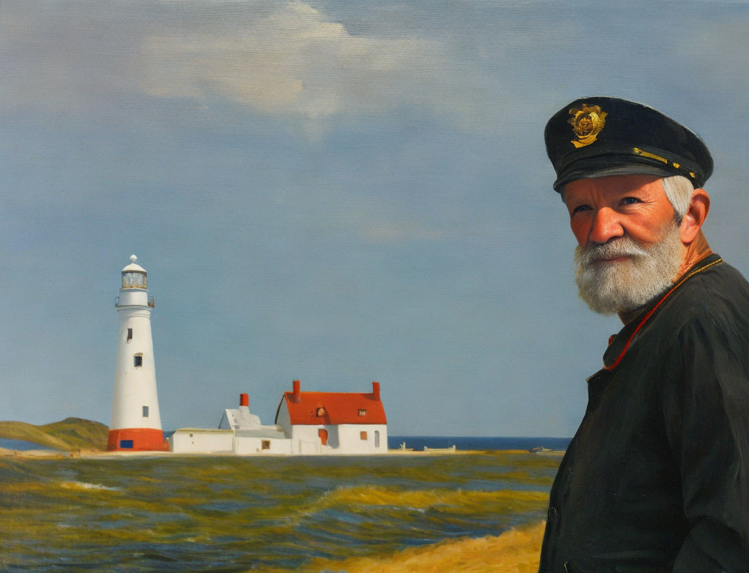 Elderly sea captain portrait in front of lighthouse and coastal buildings