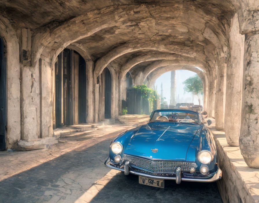 Vintage blue convertible car under stone arcade with columns in soft sunlight.