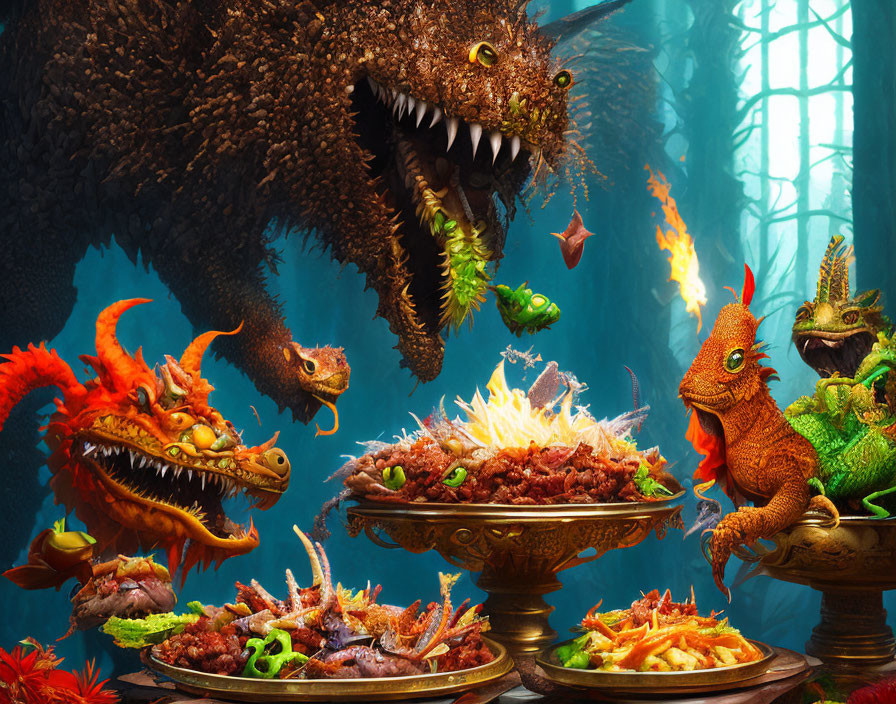 Vibrant dragon feast in mythical forest setting