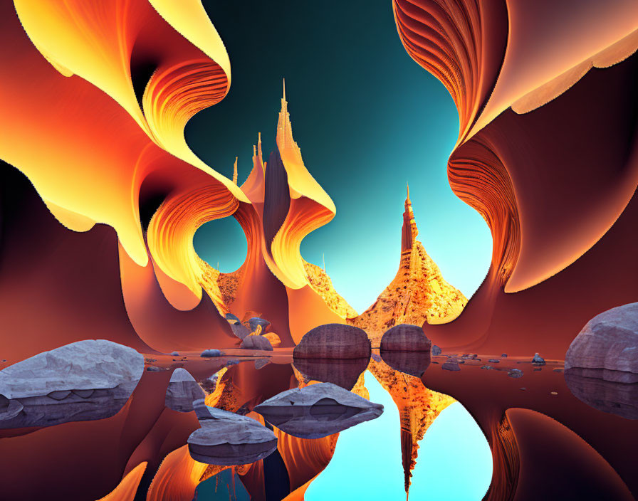 Surreal landscape with orange rock formations, spire-like structures, reflective water, and floating rocks