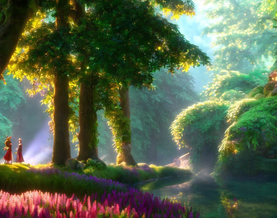 Enchanted forest with purple flowers, green trees, and figures walking.