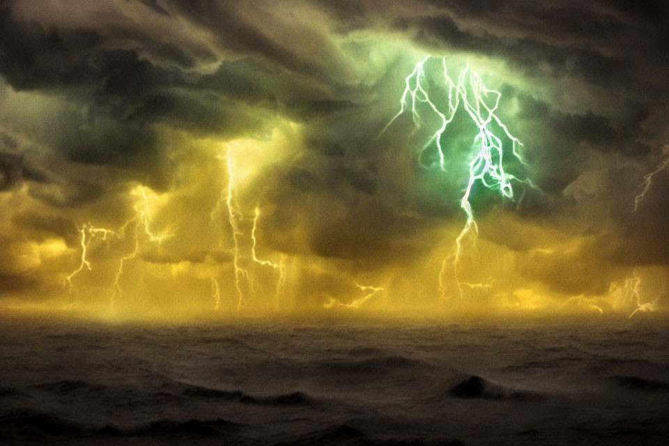 Dramatic ocean storm with lightning strikes and swirling clouds