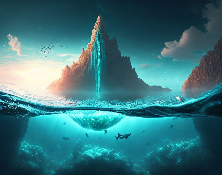 Majestic mountain above and below water with birds, marine life, and sunset horizon