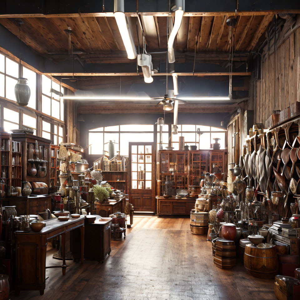 Antique Store with Vases and Wooden Furniture in Rustic Setting