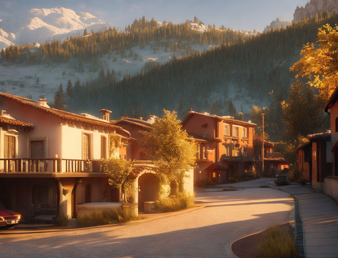 Quaint Village Street at Sunset with Warm Light on Stone Buildings