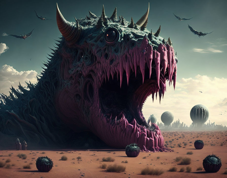 Horned dragon with sharp teeth in desert landscape with orbs and creatures