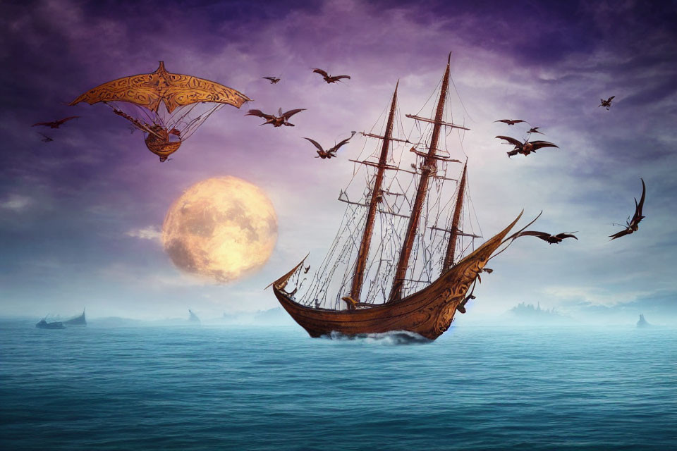 Sailing ship at dusk with moon and birds in tranquil waters