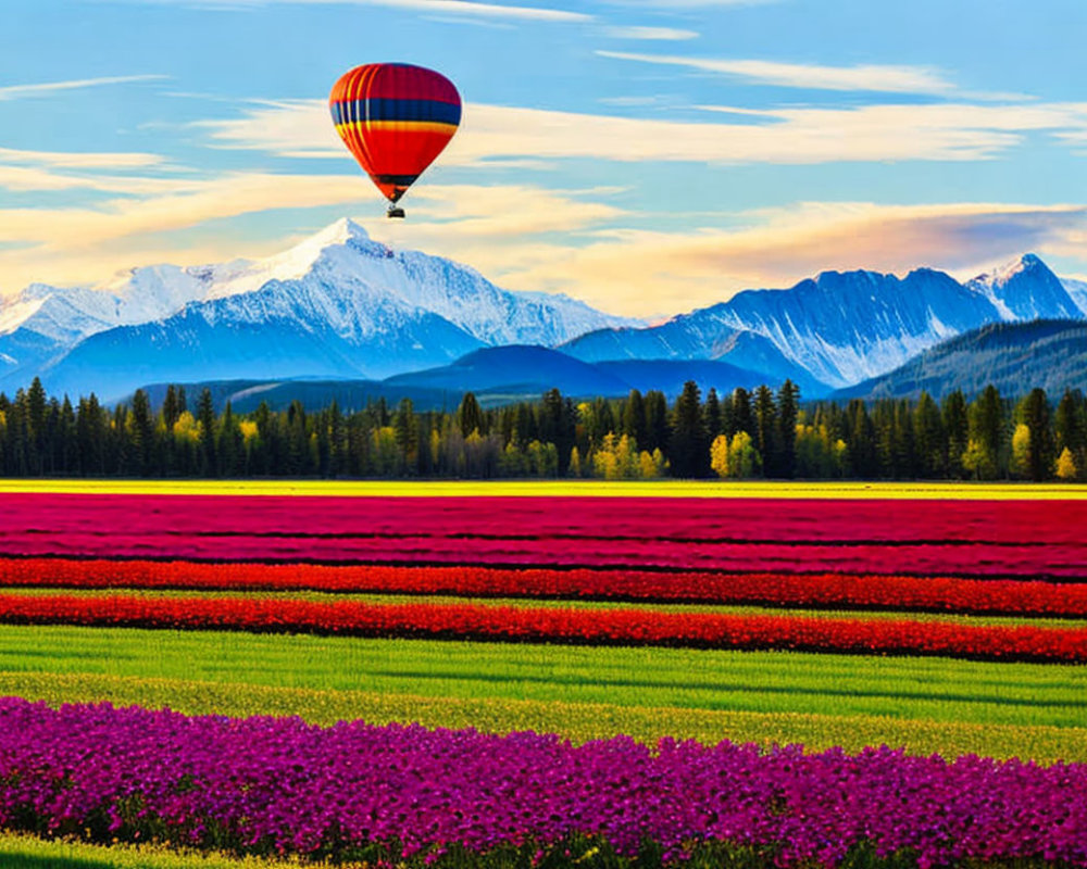 Colorful hot air balloon over vibrant flower fields and snow-capped mountains