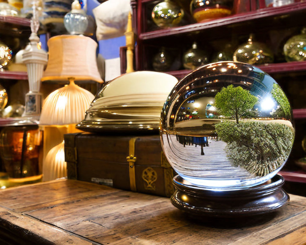 Crystal ball reflects vibrant tree on wooden surface with vintage objects in background