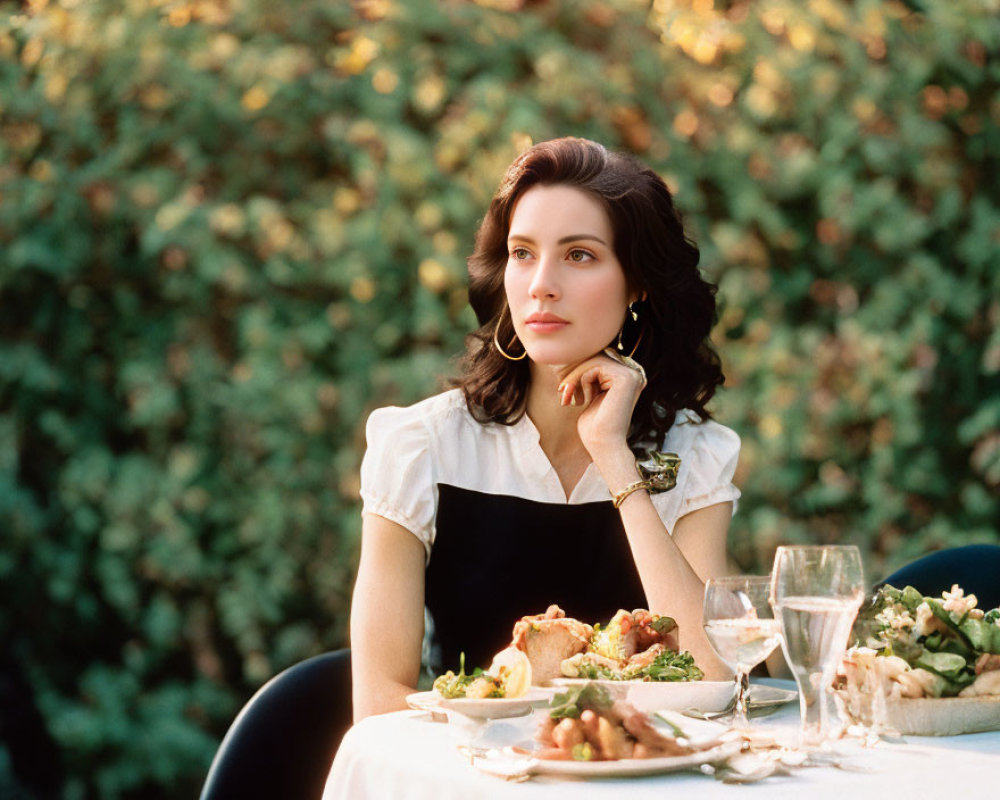 Woman in Black Apron Contemplates Food and Wine at Table