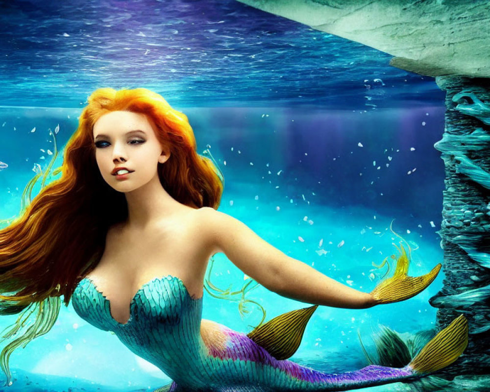 Red-haired mermaid with blue tail, fish, and ice column underwater