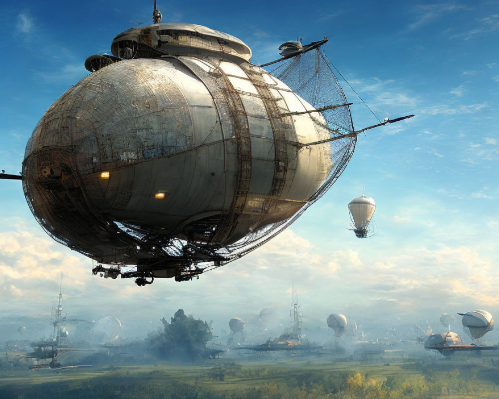 Intricately designed airships above futuristic landscape.