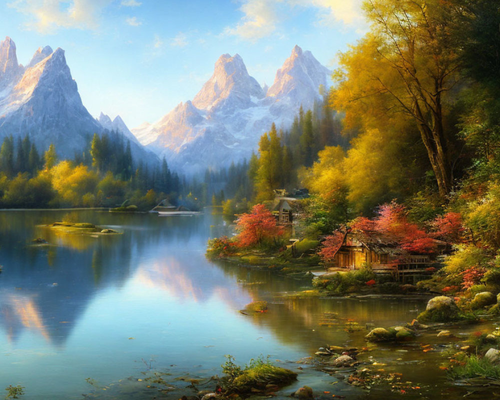 Serene autumn scenery with lake, cabin, trees, and mountains