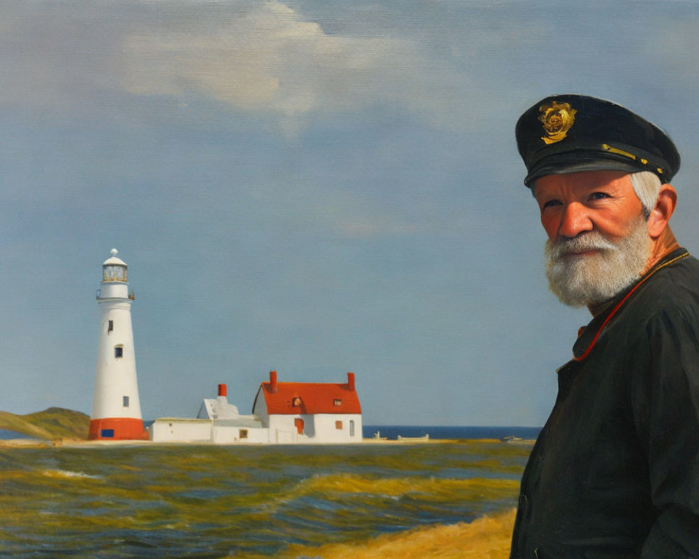 Elderly sea captain portrait in front of lighthouse and coastal buildings