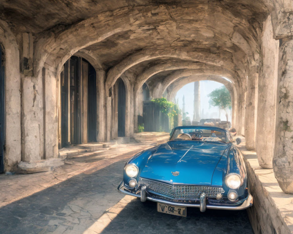 Vintage blue convertible car under stone arcade with columns in soft sunlight.