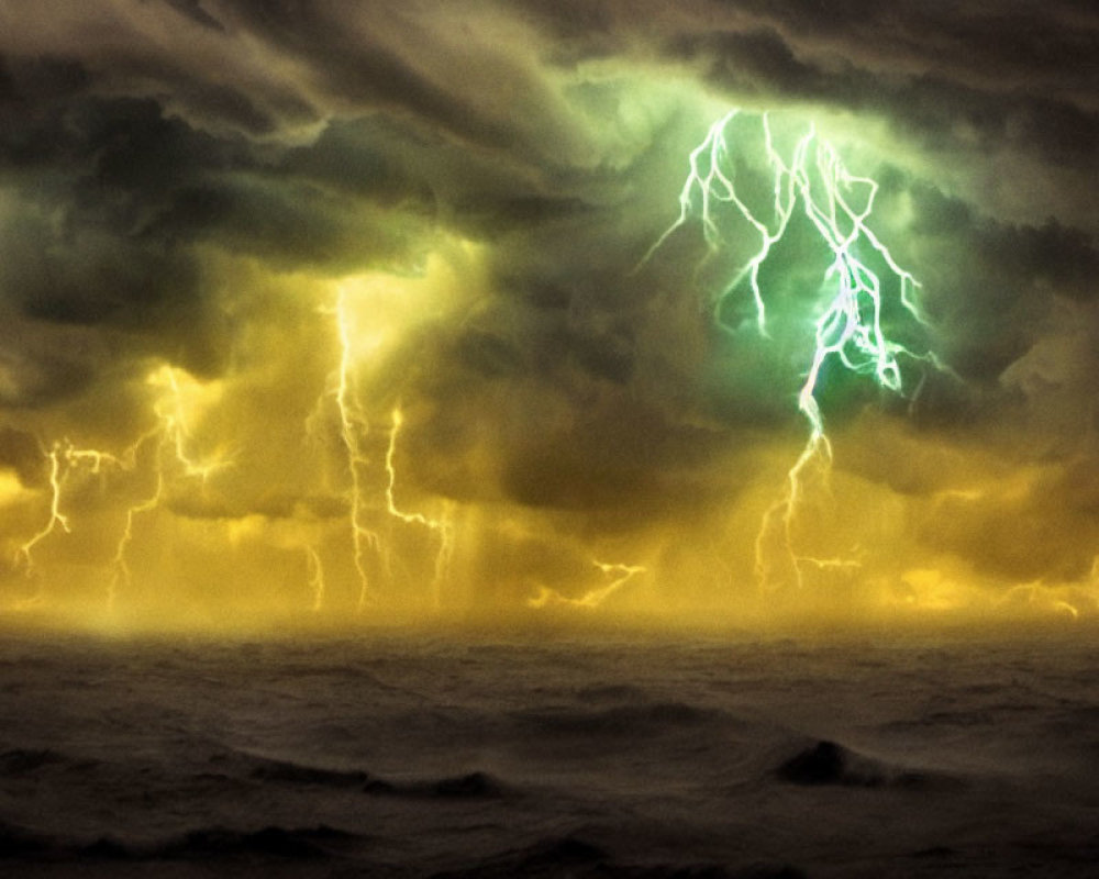 Dramatic ocean storm with lightning strikes and swirling clouds