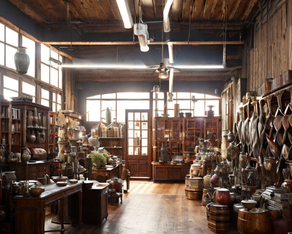 Antique Store with Vases and Wooden Furniture in Rustic Setting