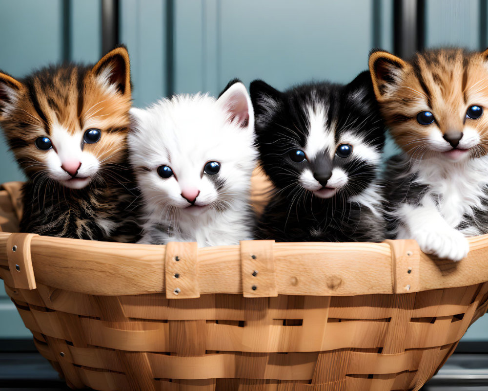 Four Cute Kittens in Various Fur Patterns in Woven Basket